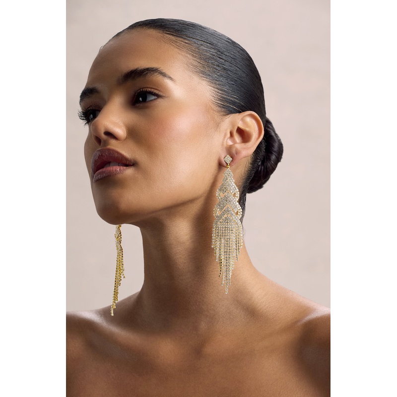 Adorn | Gold Diamante Statement Tassel Drop Earrings