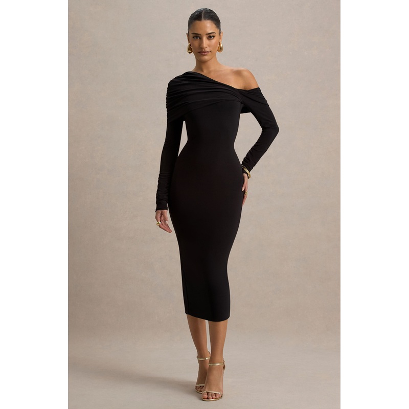 Cleo | Black Bodycon Midi Dress With Mesh Sleeves