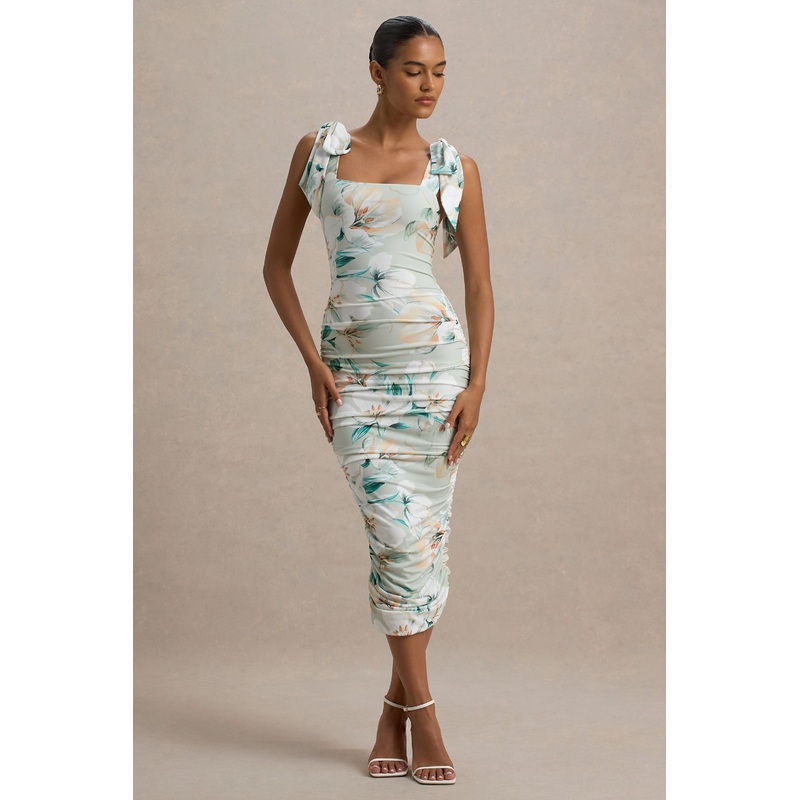 Cordelia | Green Floral Print Bodycon Midi Dress With Bow Straps