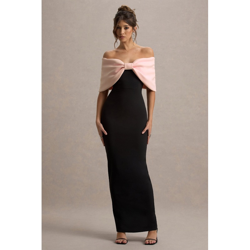Cornelia | Pink & Black Strapless Maxi Dress With Oversized Bow