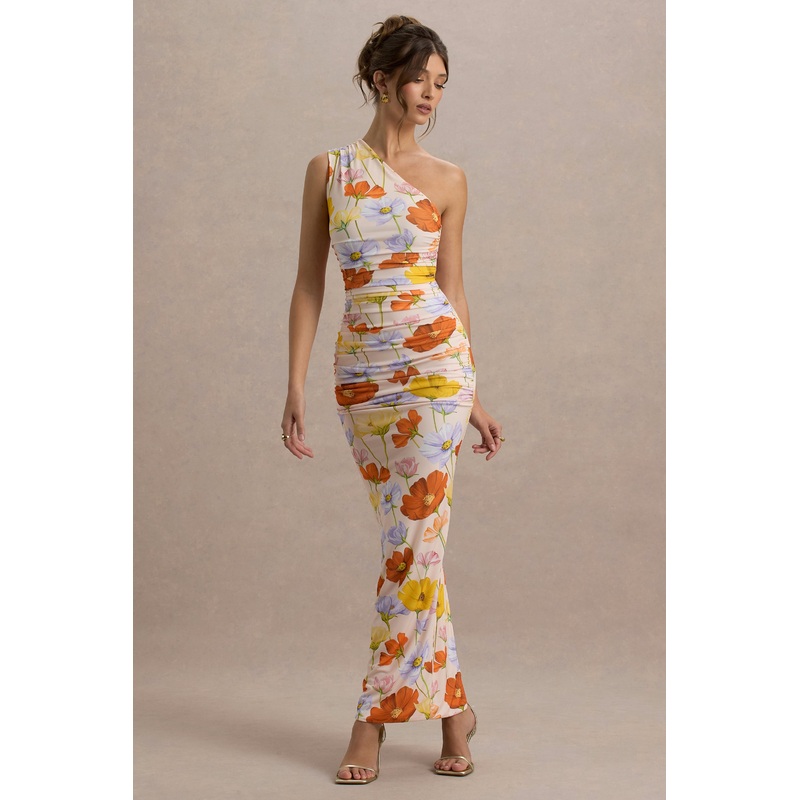 Dalarie | Bright Floral Print One-Shoulder Gathered Maxi Dress