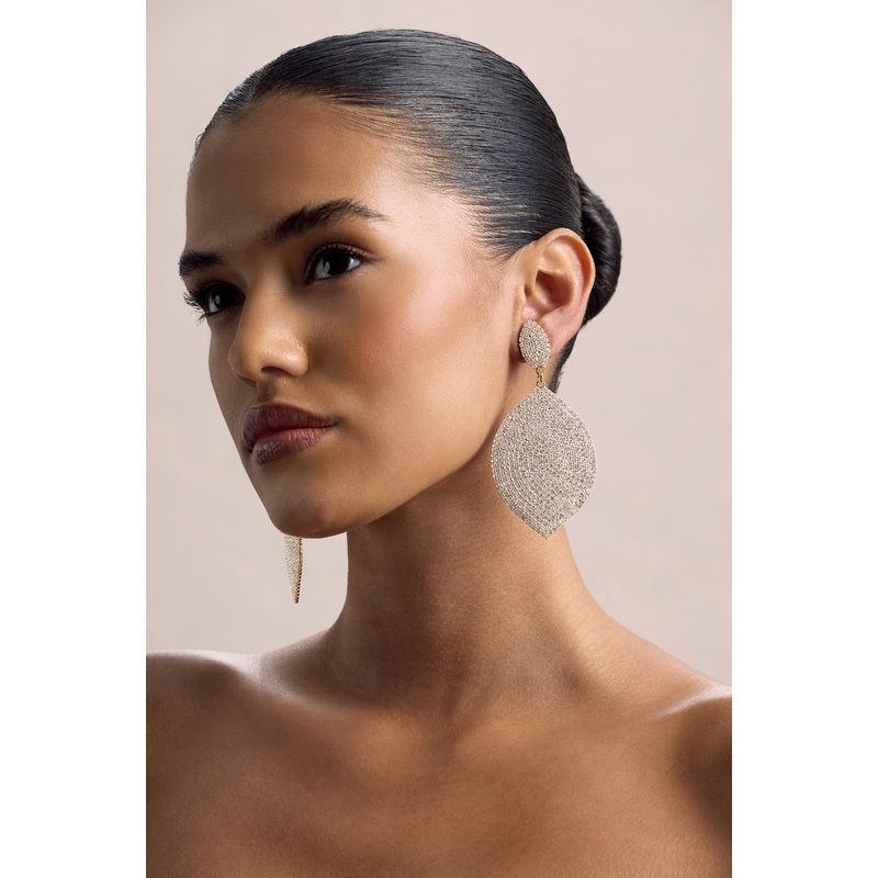 Ego | Gold Diamante Leaf Drop Earrings