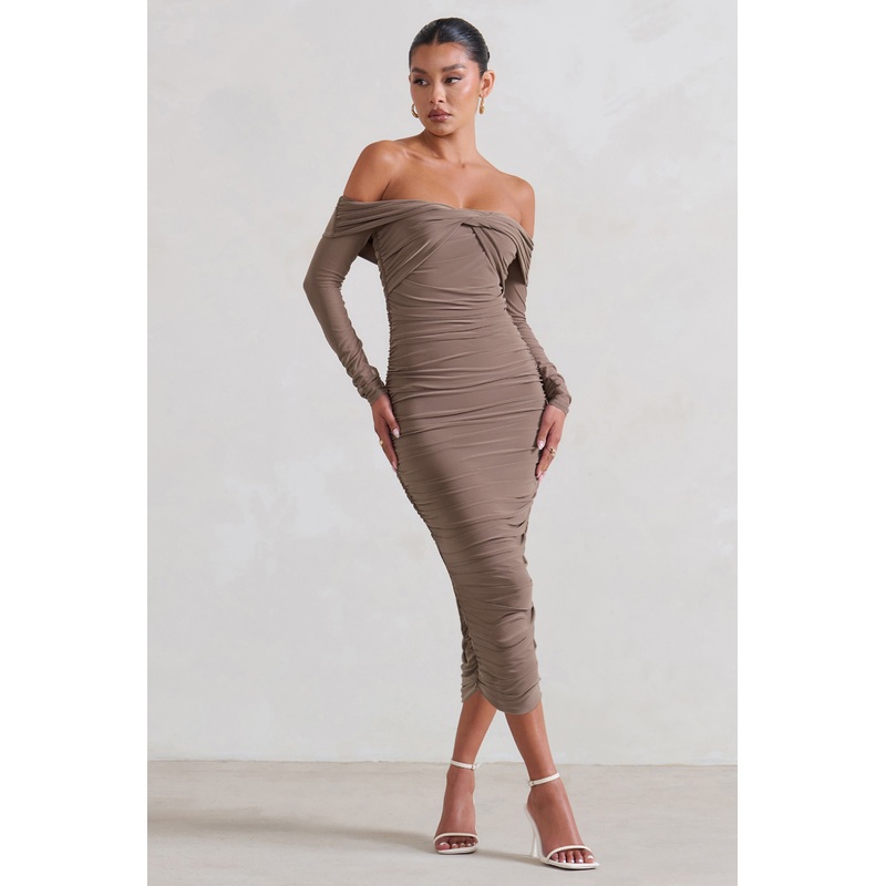 Neva | Mocha Bardot Twist Midi Dress