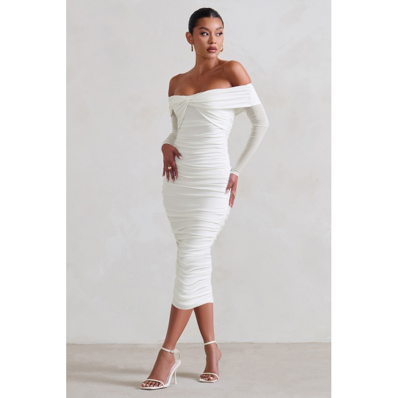 Neva | White Bardot Twist Midi Dress
