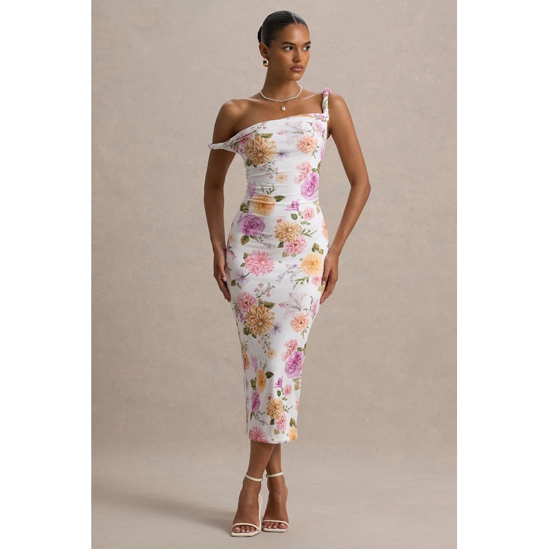 Nora | White Floral Twisted Asymmetric Midi Dress