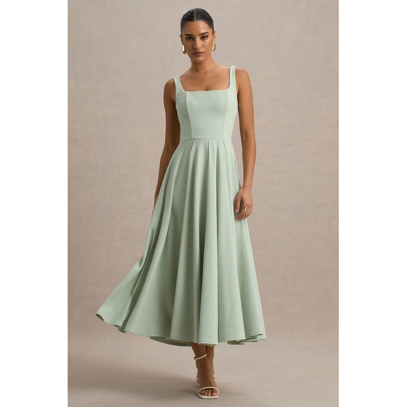 Parina | Light Green Strappy Volume-Hem Midi Dress