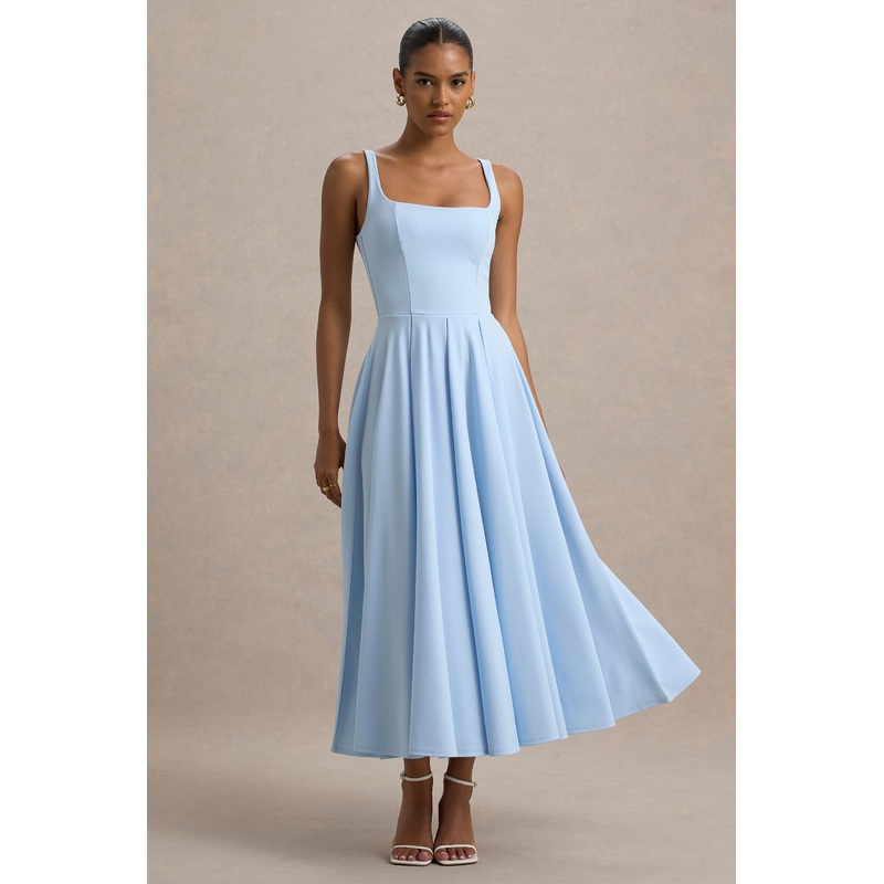 Parina | Powder Blue Strappy Volume-Hem Midi Dress