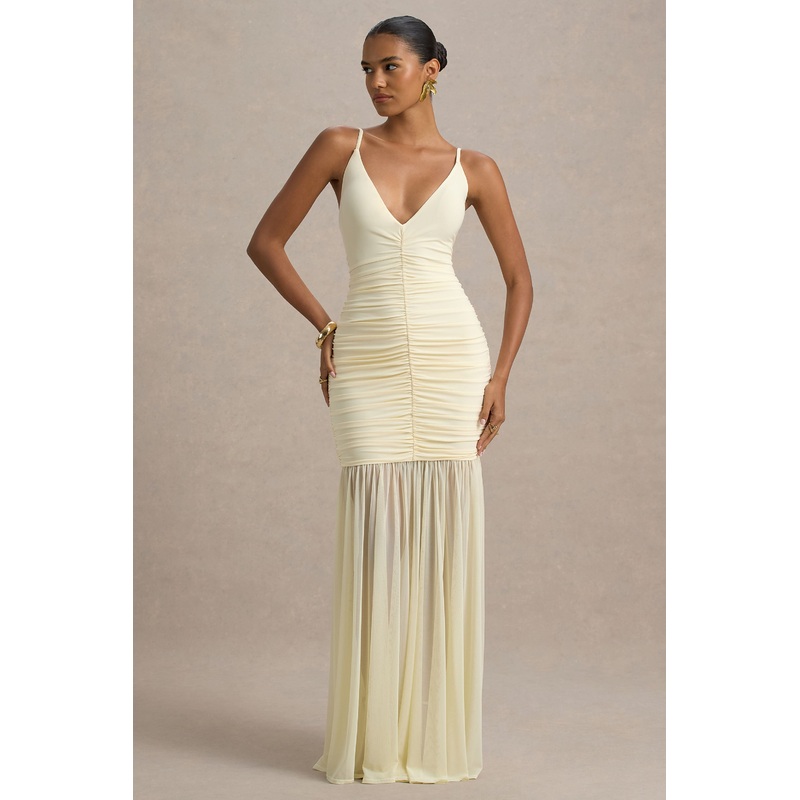 Pasqualina | Lemon Ruched Plunge-Neck Maxi Dress