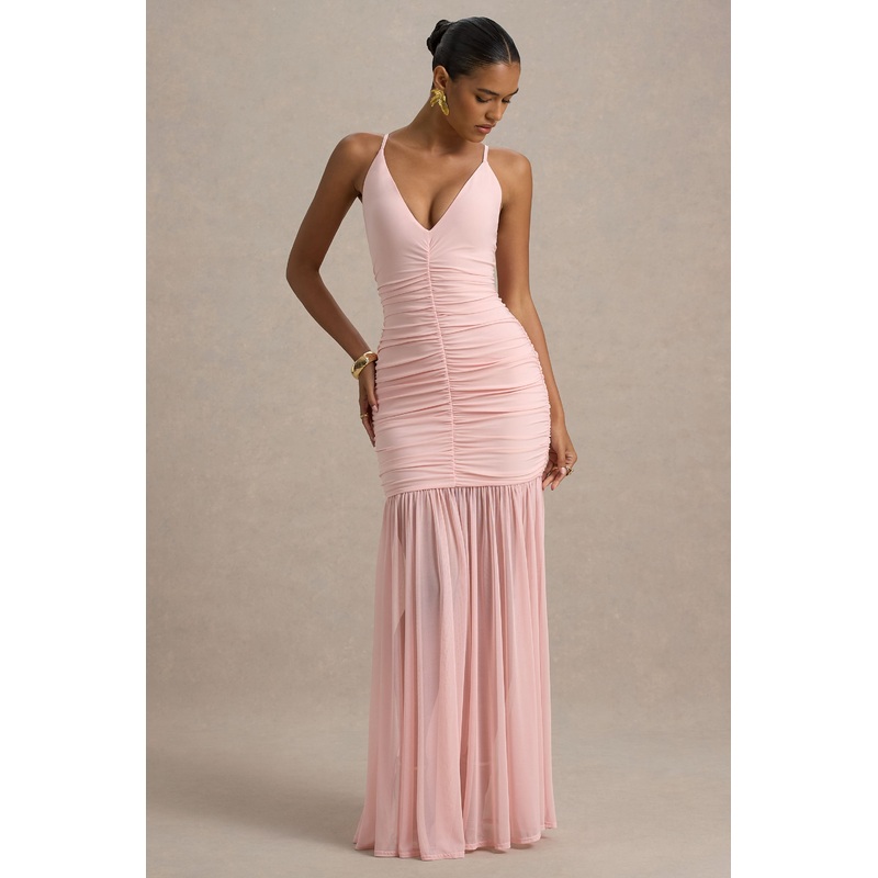 Pasqualina | Pink Ruched Plunge-Neck Maxi Dress