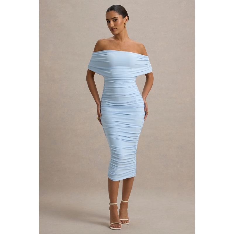 Rayleigh | Powder Blue Bardot Ruched Midi Dress