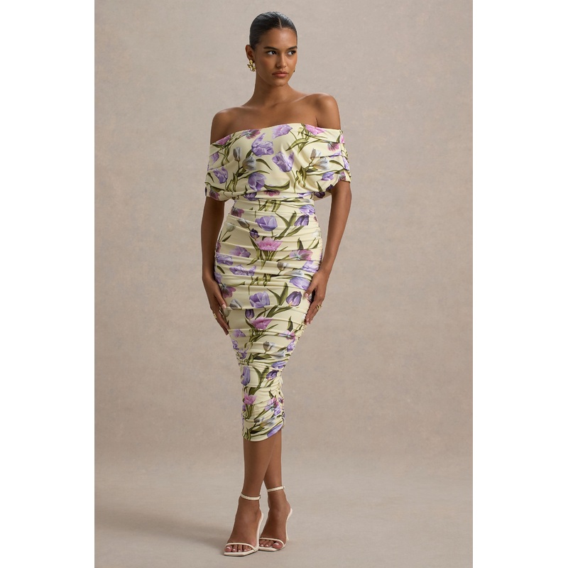 Rayleigh | Tulip Floral Print Bardot Ruched Midi Dress